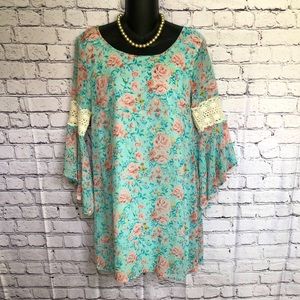 Feathers Floral Bell Sleeve A-Line Dress
